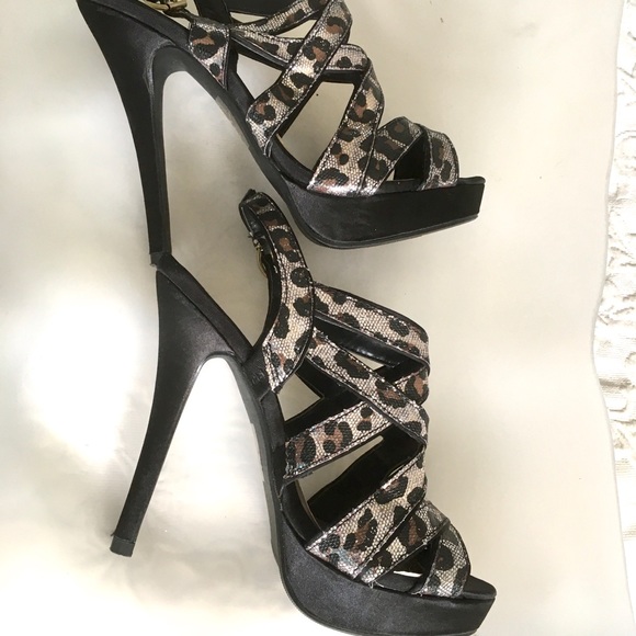 Platform Caged Stilletos Sandals Leopard Sequins - Picture 2 of 10